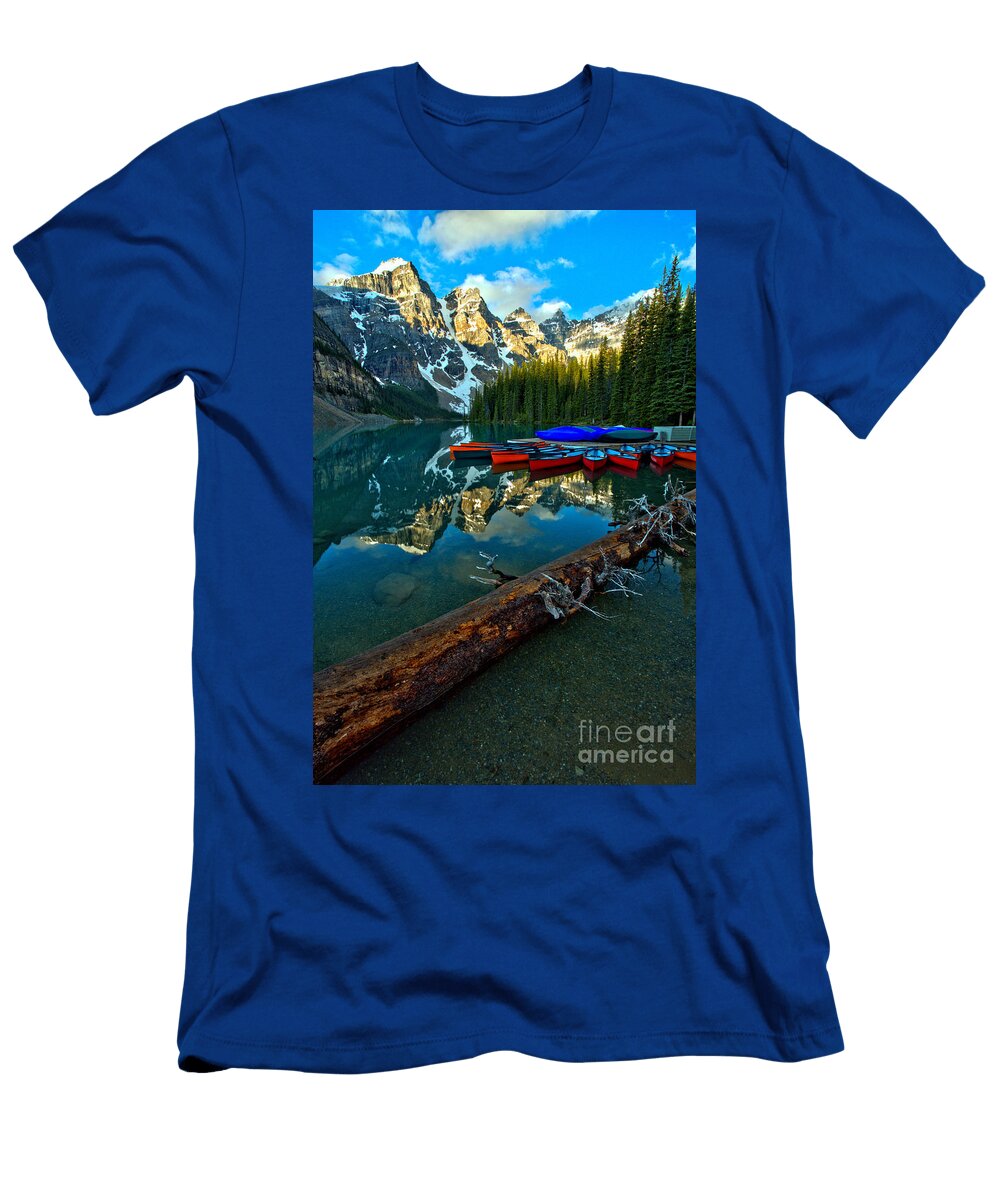 Morain Lake Canoes and Driftwood Adam Jewell T-Shirt