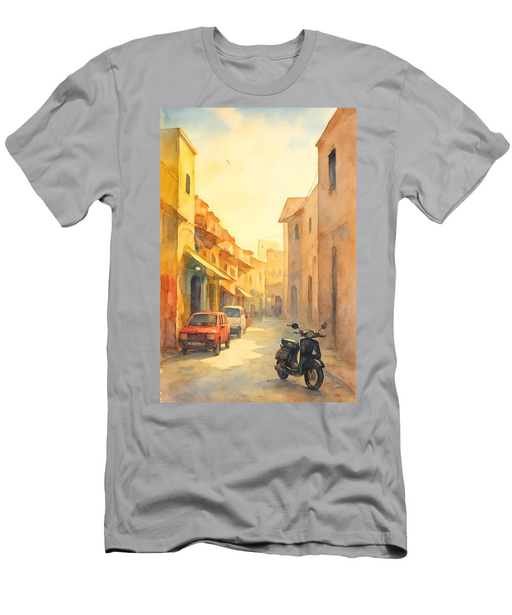 Morocco Street View Set Quiet Mediterranean Street At Sunset Mounir Khalfouf T-Shirt