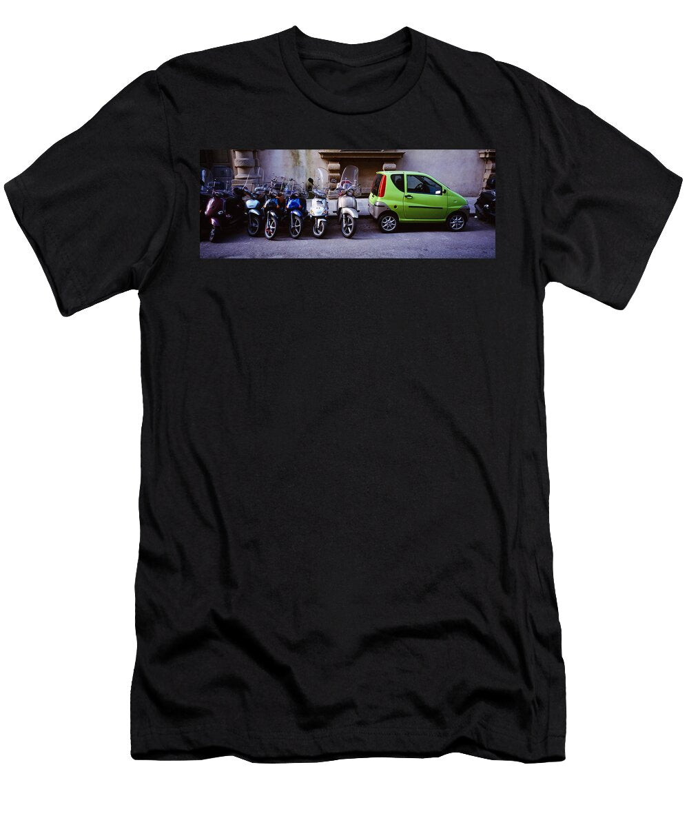 Motor Scooters with a Car Parked Panoramic Images T-Shirt