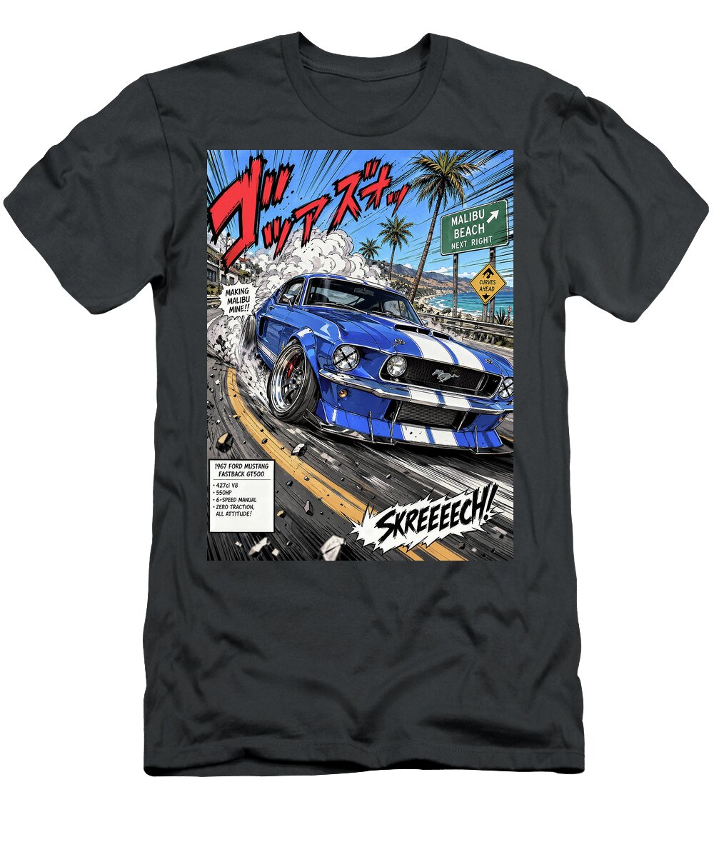 Mustang Drifting Down Malibu Highway Car Poster Treasure Auto Retro Wall Art Sampadart Gallery T-Shirt
