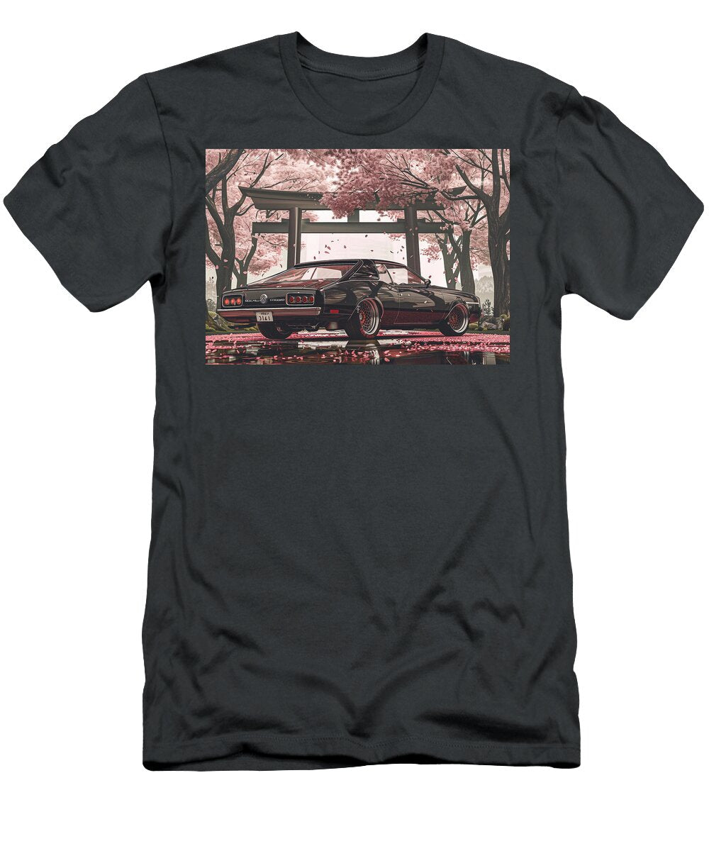 Oldsmobile Toronado Trofeo Classic Black Car Under Cherry Blossoms in a Japanese Garden Destiney Sullivan T-Shirt