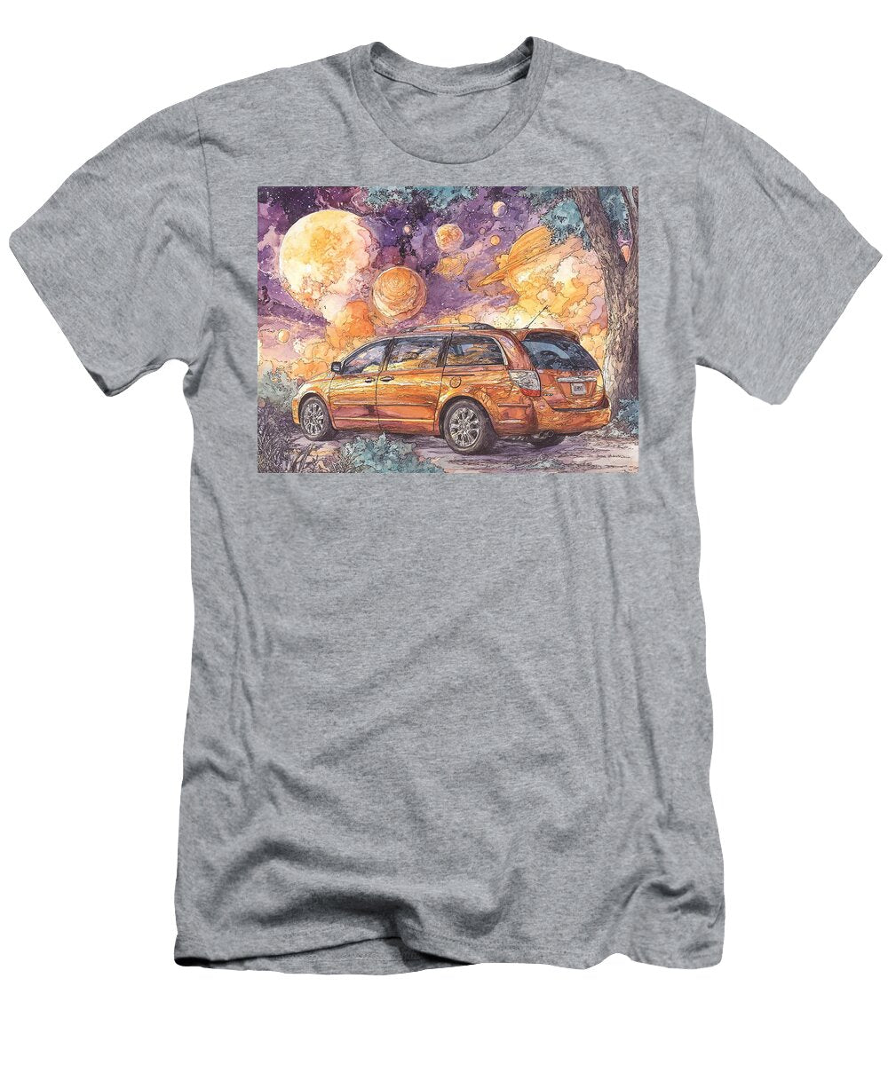 Orange Van with Cosmic Background Saturn Relay 2005 Minivan Space Vehicle Cosmic Landscape Space Jou Hollie Love T-Shirt