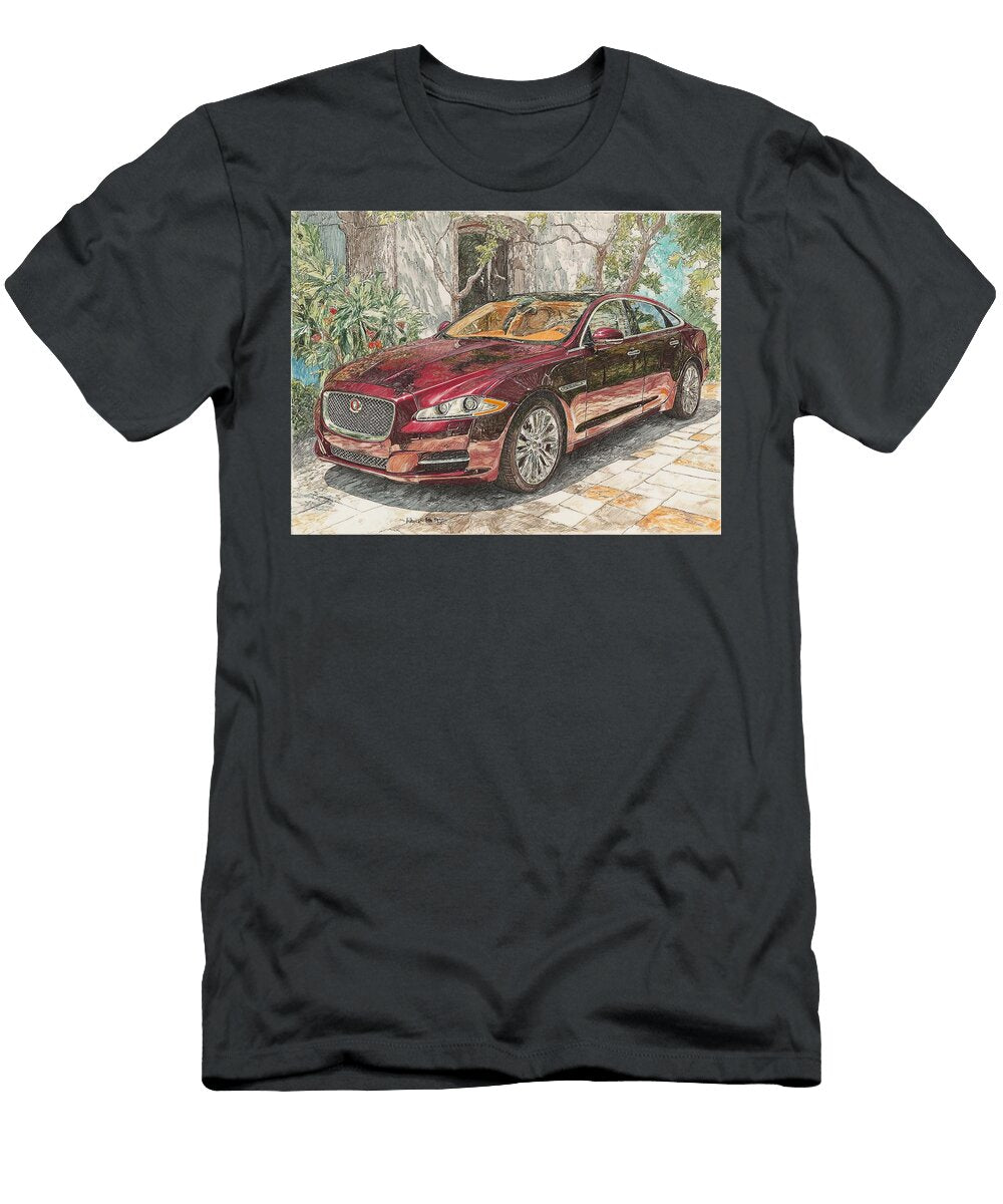 Outdoor Scene Jaguar Xj 2010 Sedan Luxury Car Crimson Jaguar in a Garden Setting Hollie Love T-Shirt