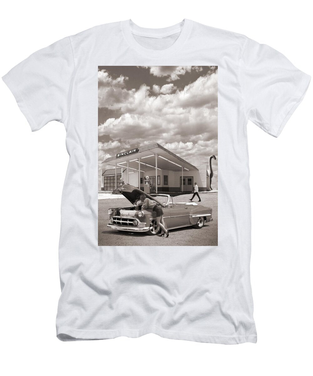 Over Heating At the Sinclair Station Sepia Mike Mcglothlen T-Shirt
