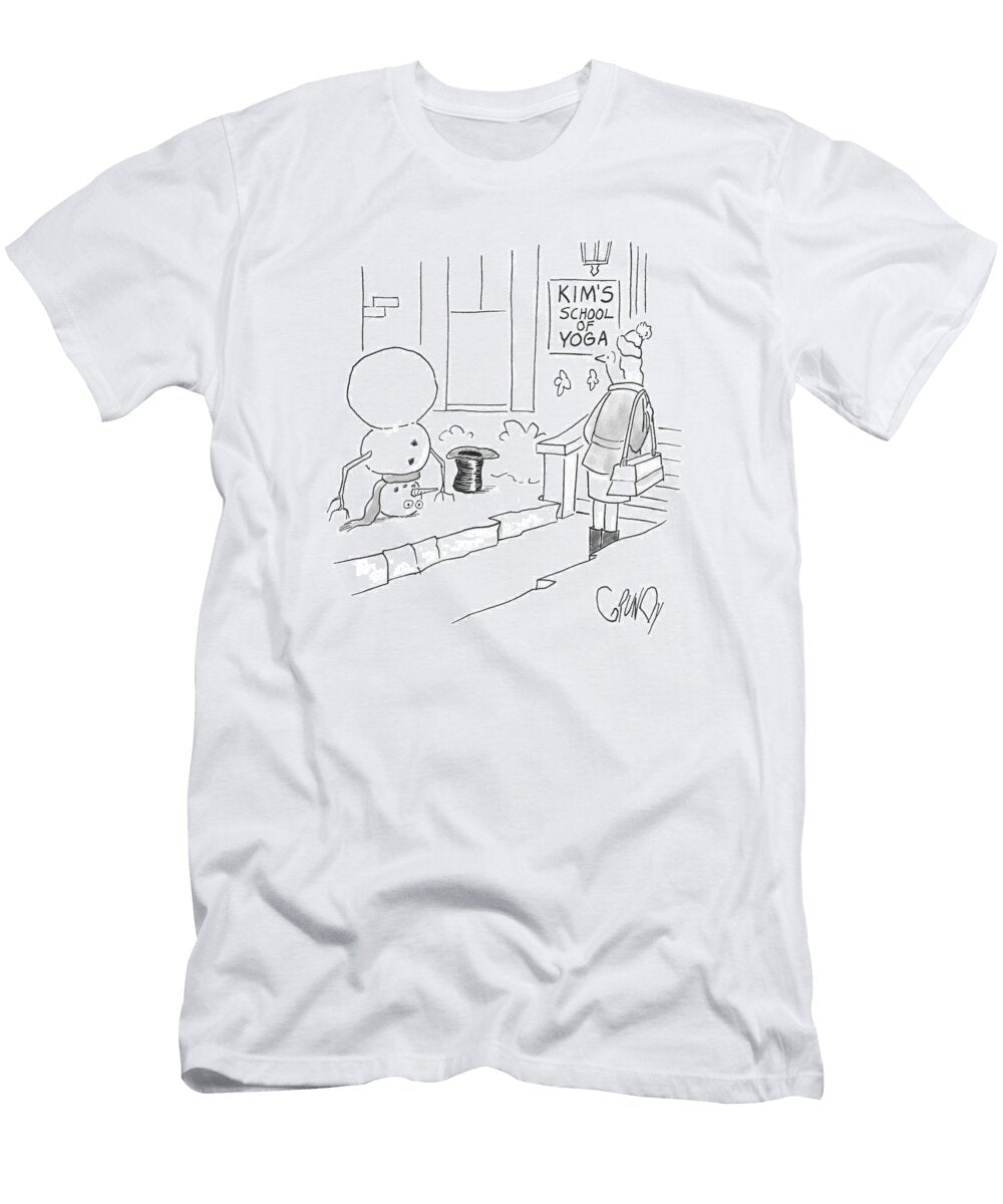 Patron Entering School of Yoga Sees Snowman Standing Doug Grundy T-Shirt
