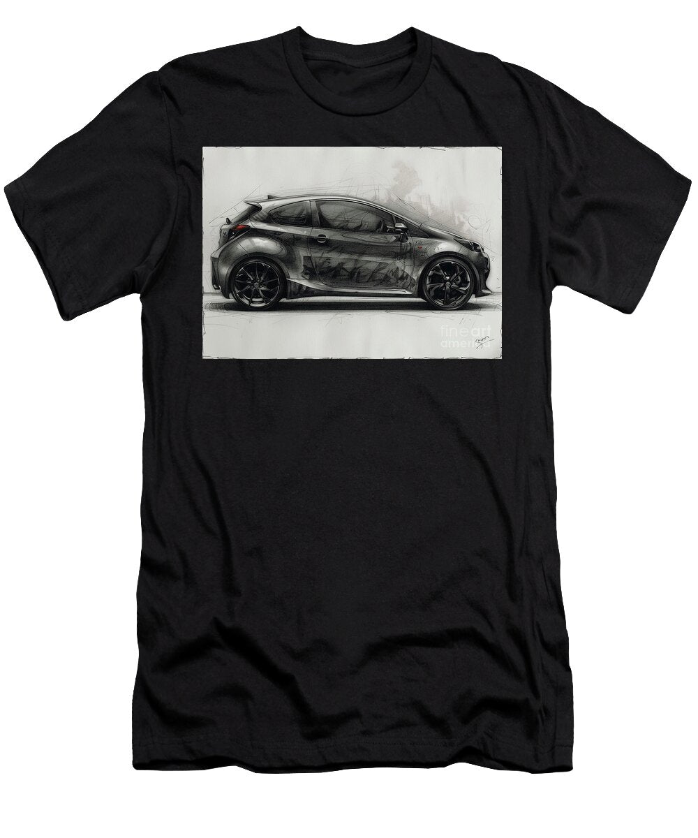 Pencil Sketch of a Black Hatchback Sports Car Toyota Yaris Car Lowell Harann T-Shirt
