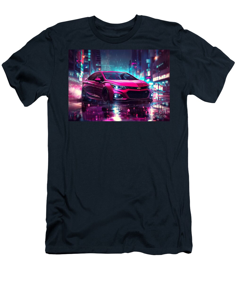 Pink Car Driving Through Neon City Rain Lowell Harann T-Shirt