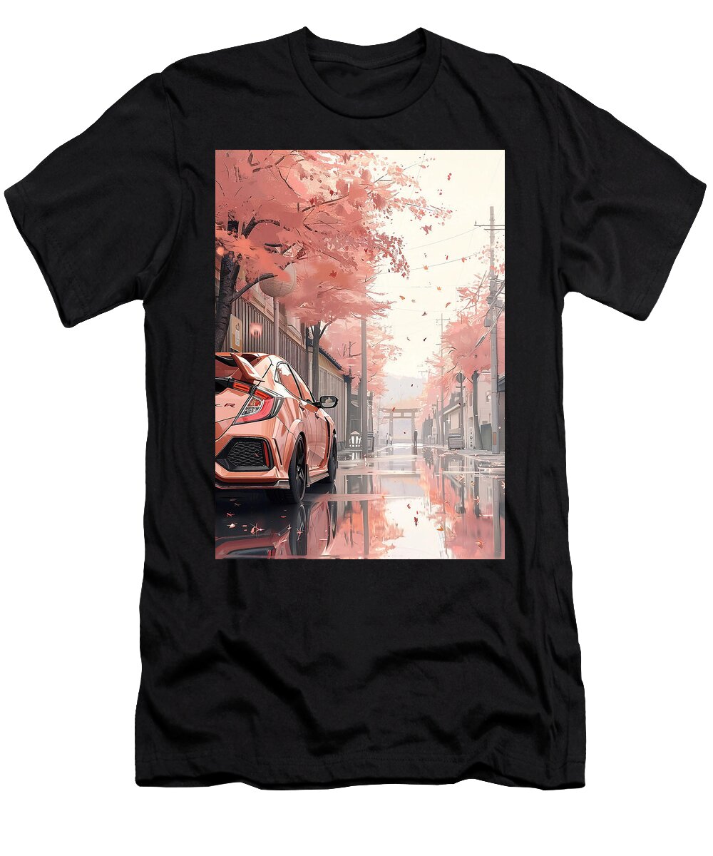 Pink Honda Civic Hatchback Car Under Cherry Blossoms in a Japanese Street Destiney Sullivan T-Shirt