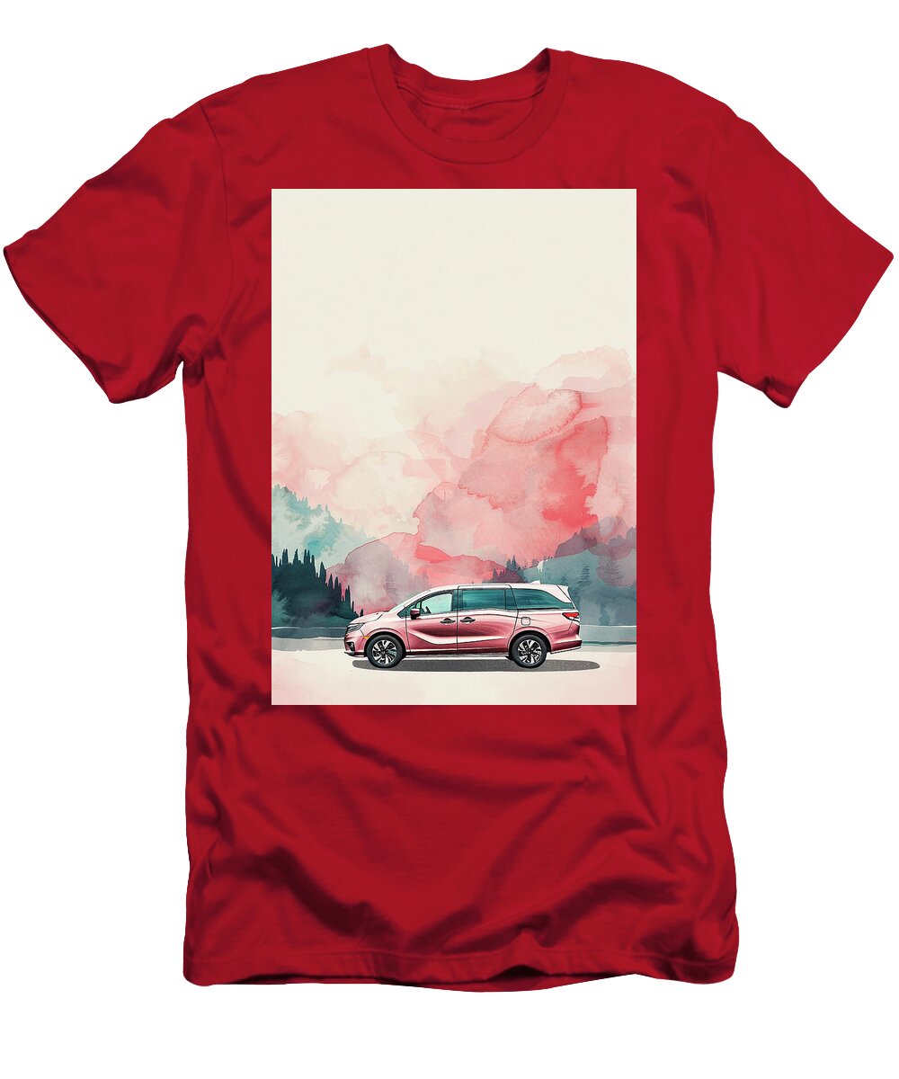Pink Minivan Watercolor Painting with Mountain Landscape Kari Goldfalse T-Shirt