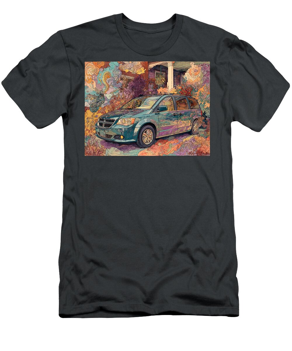 Psychedelic Minivan in Front of a House Saturn Relay 2005 Minivan Floral Design Nature Scene Van in Hollie Love T-Shirt