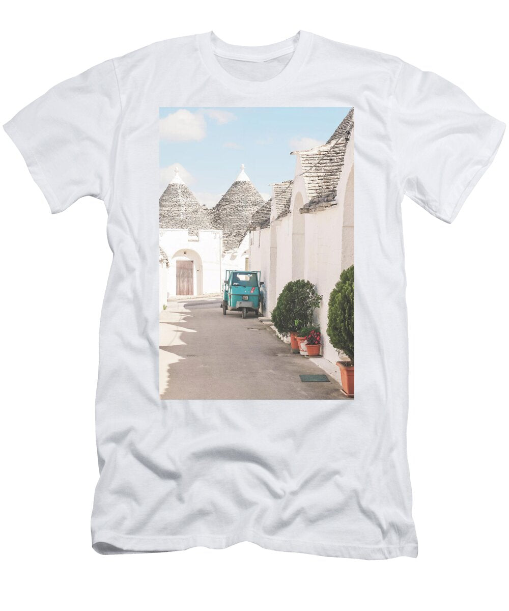Puglia Italy I Quiet Street in Alberobello White Village with Trulli Architecture and Vespa Scooter Julie Travel Photography T-Shirt