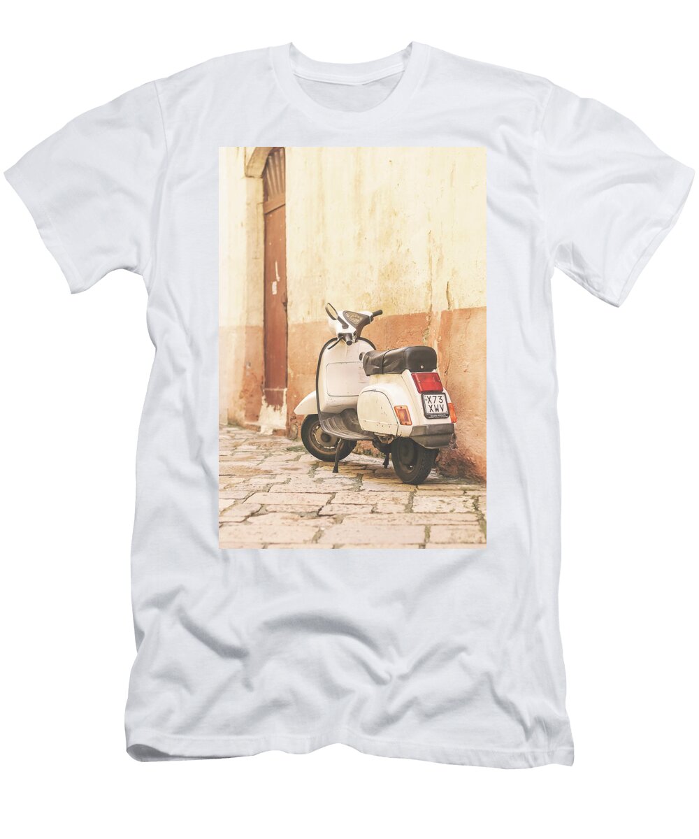 Puglia Italy I Vintage Retro Scooter Vespa in the Summer Pastel Yellow Aesthetic Streets in Tuscany Julie Travel Photography T-Shirt