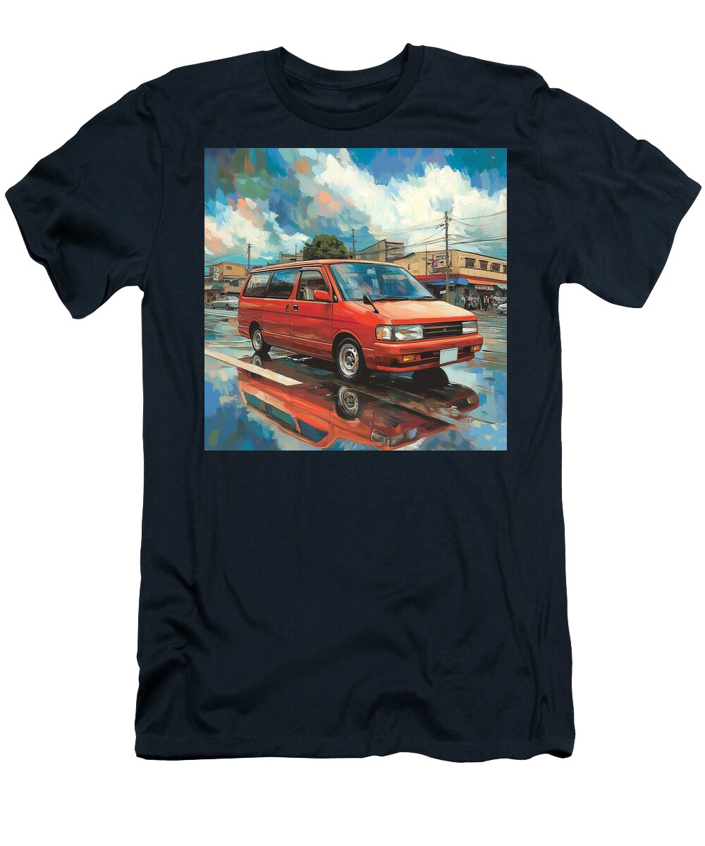Rainy Day Red Van Nissan Serena 1991 Japan Minivan Jdm Car Urban Scene Grayson Sheppard T-Shirt