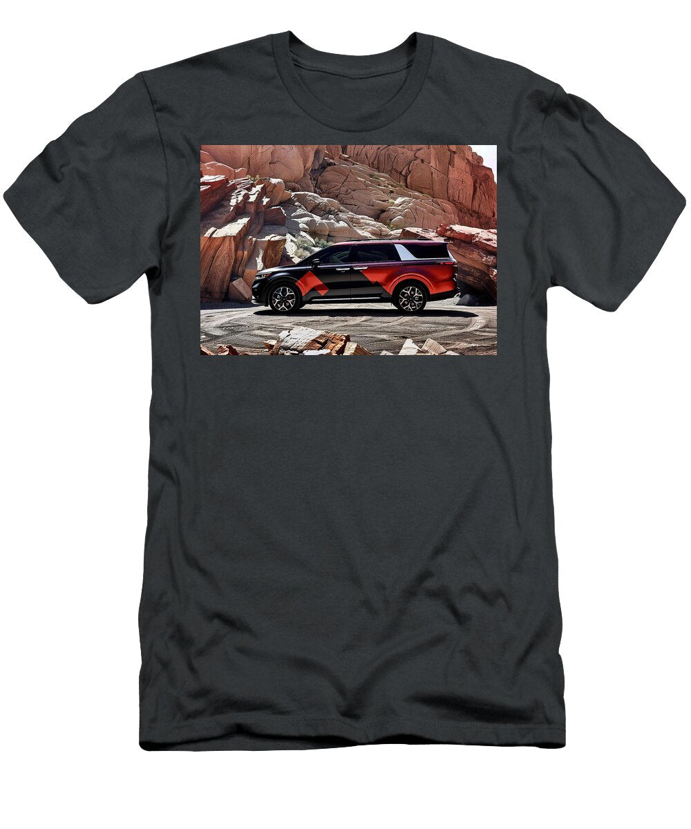 Red and Black Minivan in a Desert Landscape Kari Goldfalse T-Shirt
