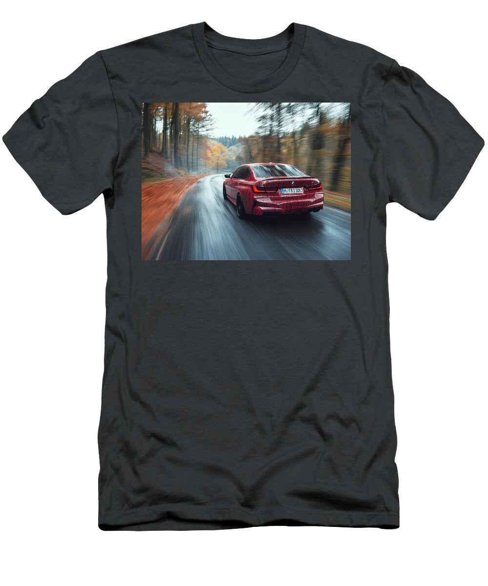 Red BMW Driving Through Autumn Forest Evie Carrier T-Shirt
