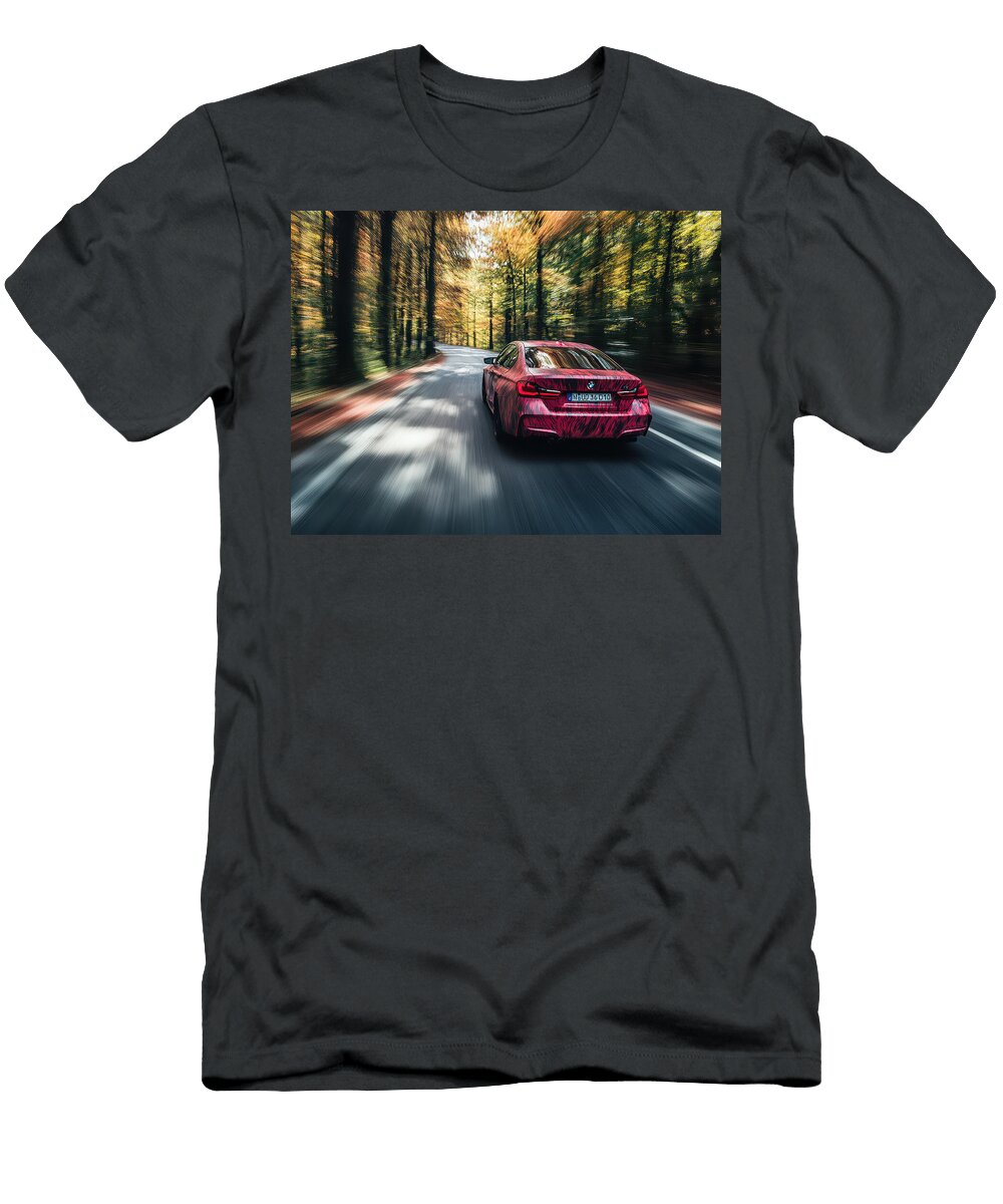 Red Car Driving Through Autumn Forest Evie Carrier T-Shirt