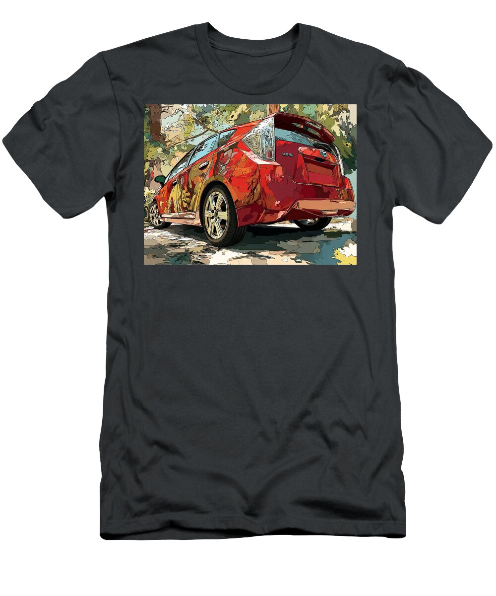 Red Car in Animated Style Toyota Prius 2010 Hatchback Urban Scene Colorful Car Vibrant Red Car Illus Hollie Love T-Shirt
