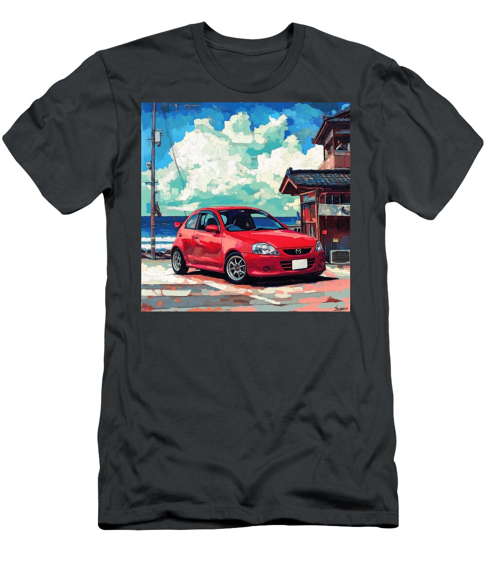 Red Car Painting Coastal Scene Art Mazda2 2003 Japan Hatchback Jdm Car Japanese Style Art Grayson Sheppard T-Shirt