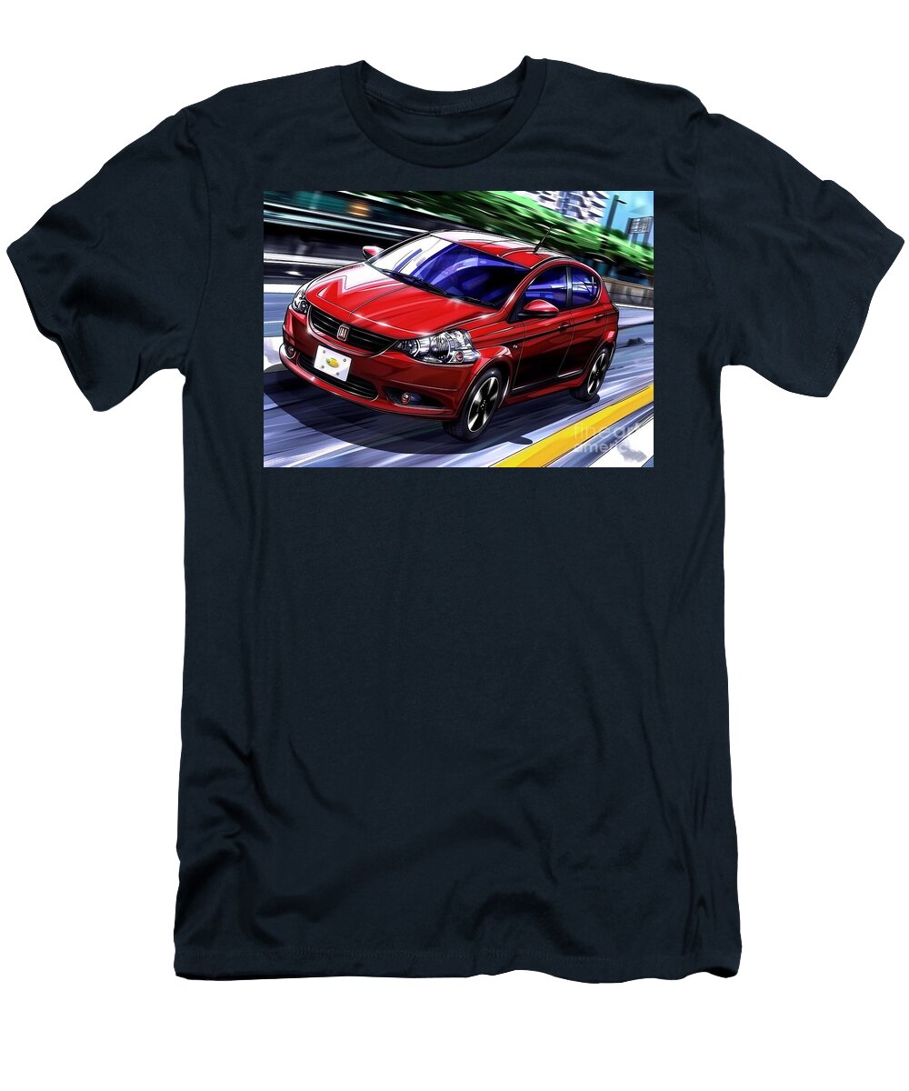 Red Car Speeding Through City Streets Illustration Destiney Sullivan T-Shirt
