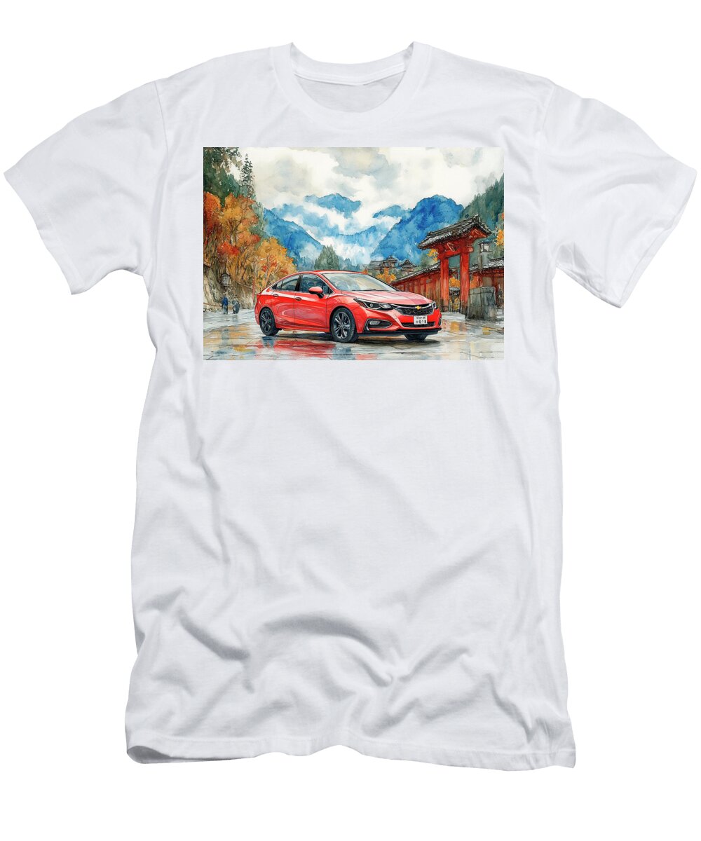 Red Chevrolet Cruze Hatchback Car in a Japanese Mountain Landscape Watercolor Painting Kyran Estrada T-Shirt
