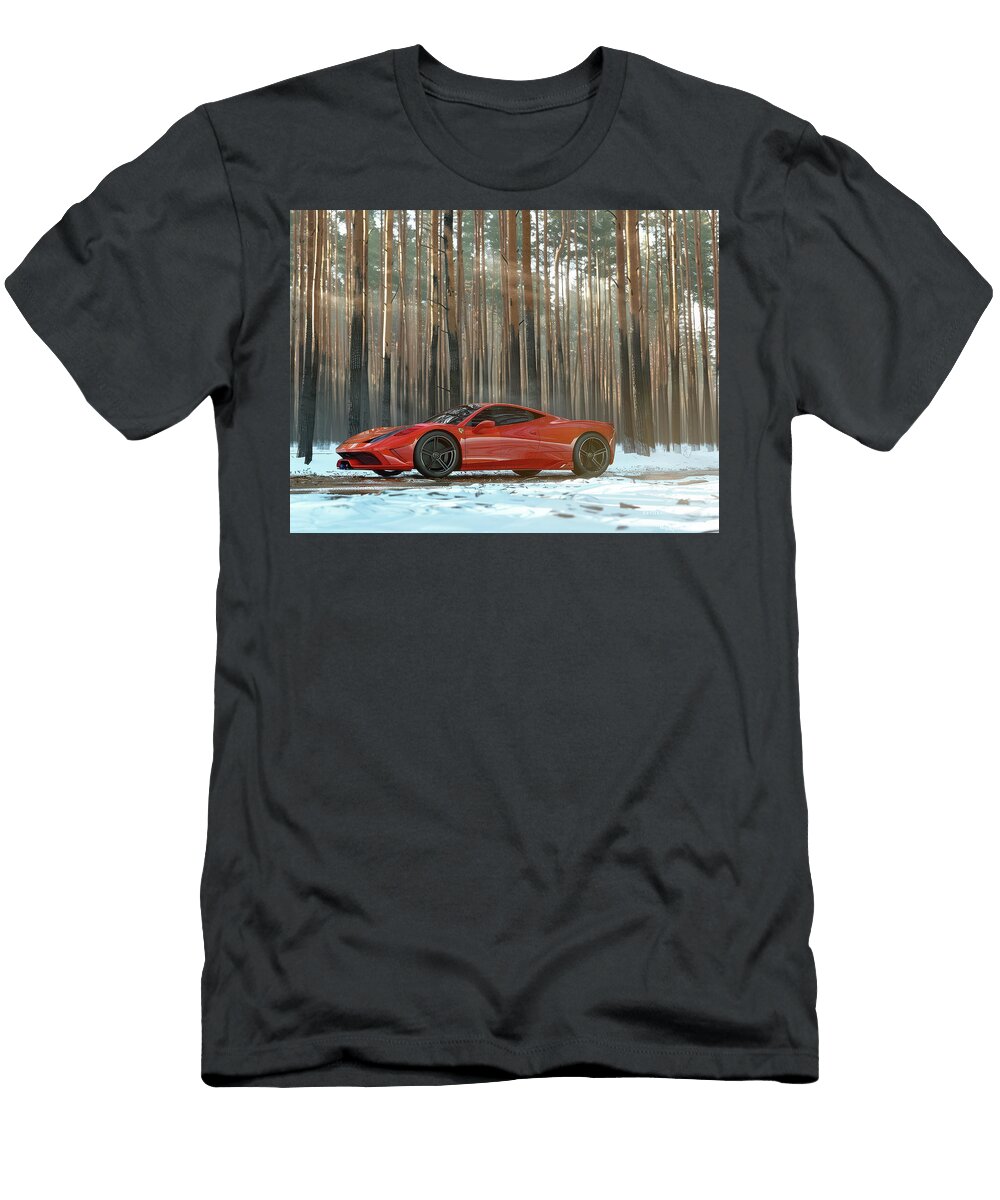 Red Ferrari in a Snowy Forest Evie Carrier T-Shirt