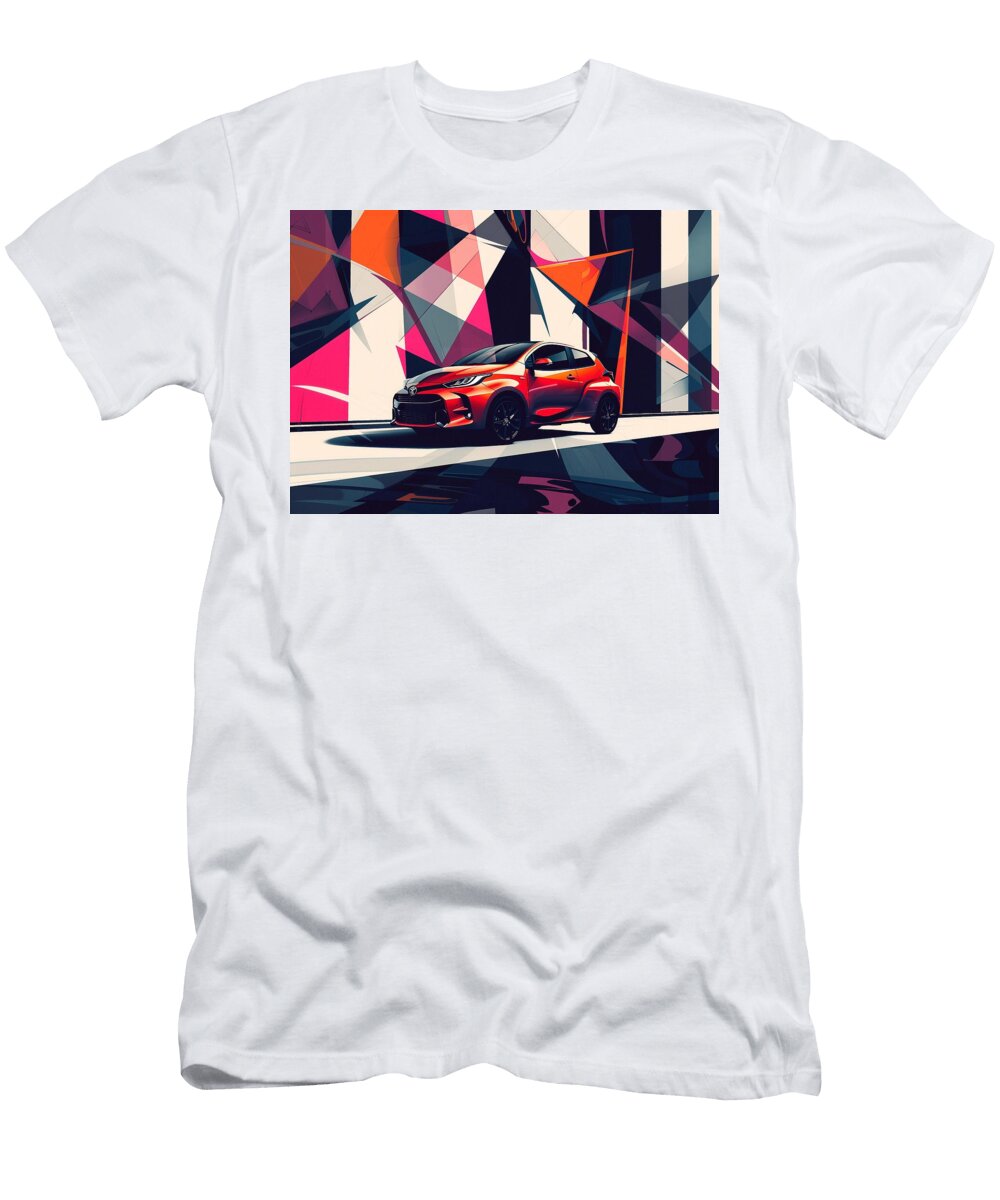 Red Hatchback Toyota Yaris in Abstract Geometric Background Kari Goldfalse T-Shirt