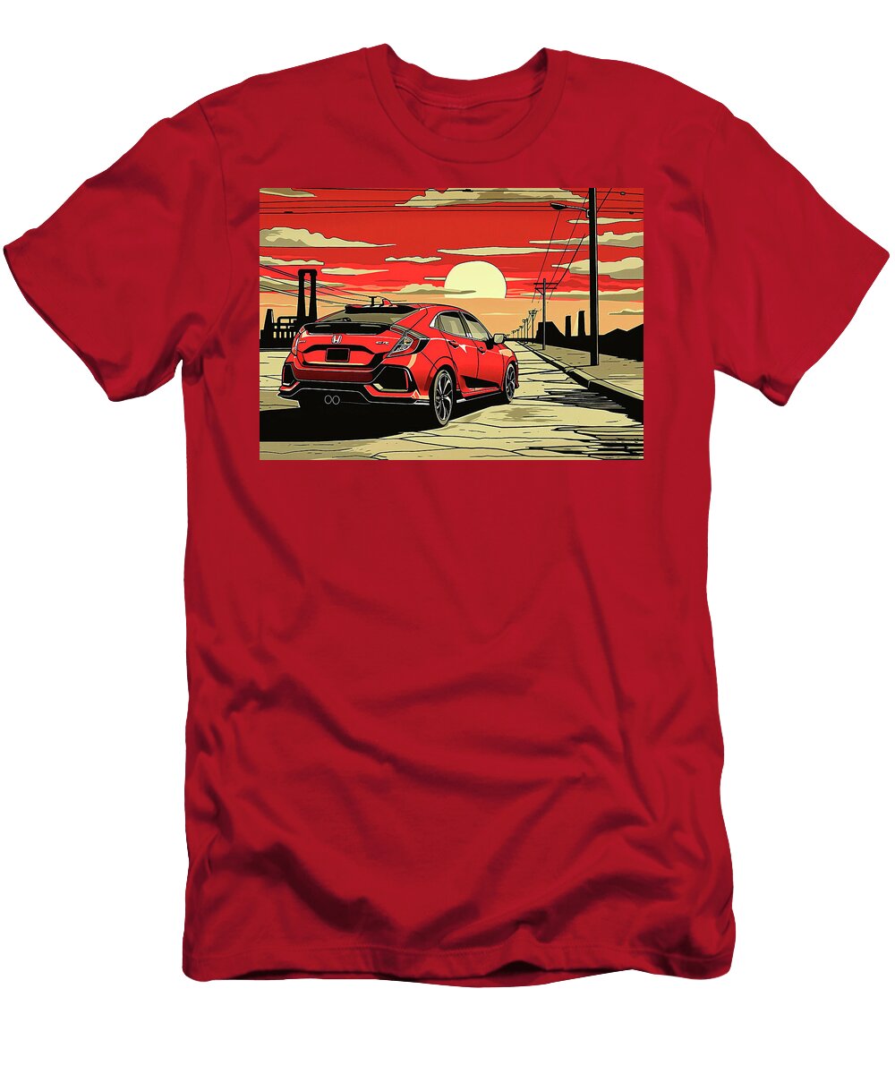 Red Honda Civic Hatchback Car Sunset Urban Cityscape Illustration Destiney Sullivan T-Shirt