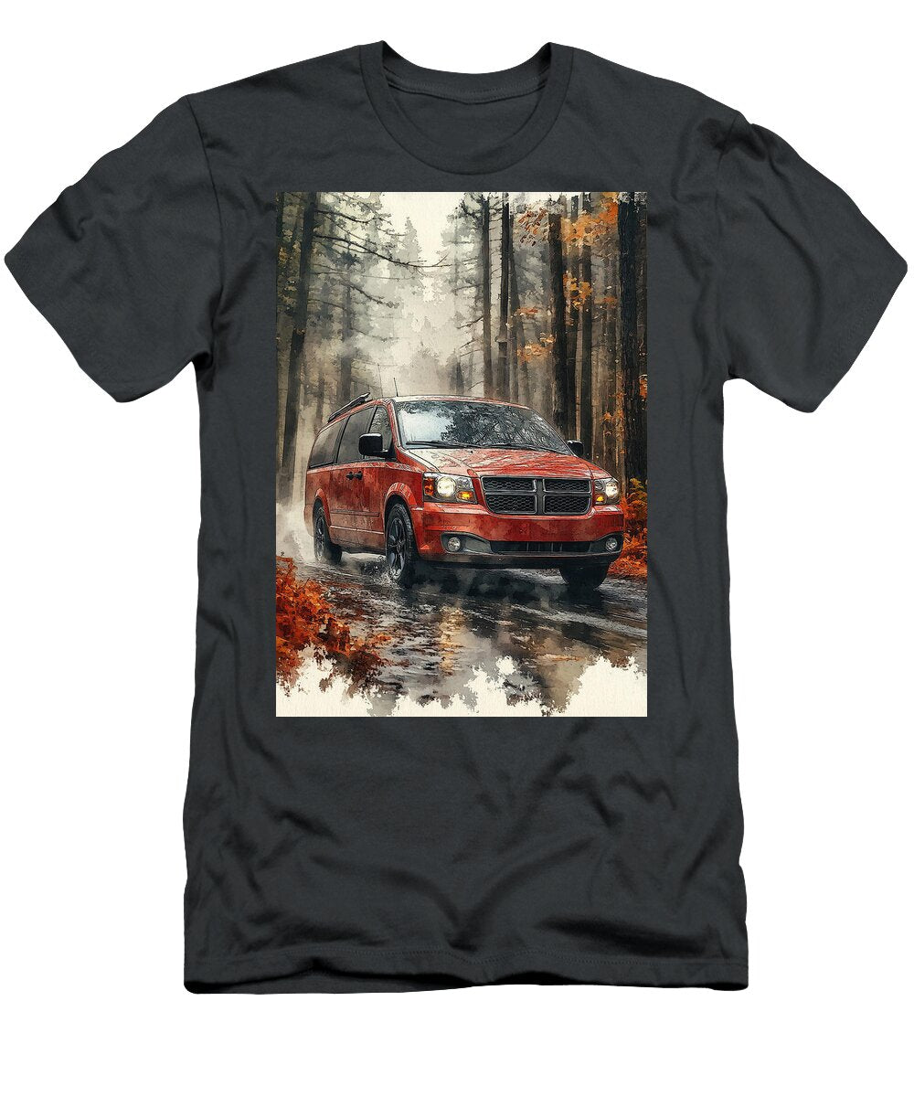 Red Minivan Driving Through Foggy Autumn Forest Kari Goldfalse T-Shirt