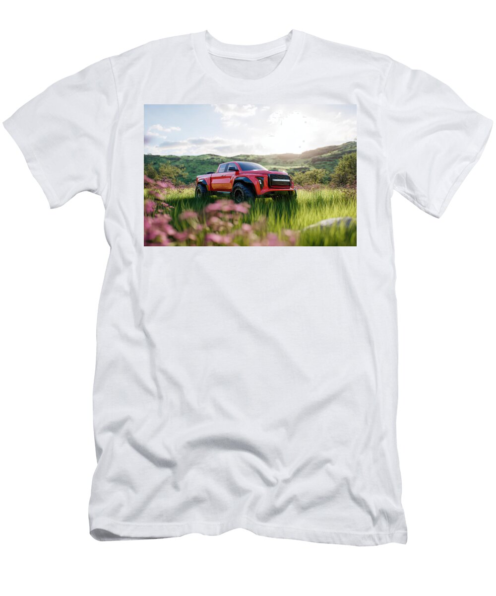 Red Pickup Truck in a Field Evie Carrier T-Shirt