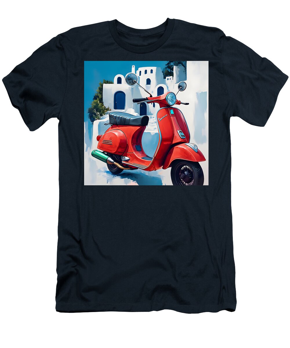 Red Scooter in Mediterranean Setting Nabil Rejaibi T-Shirt