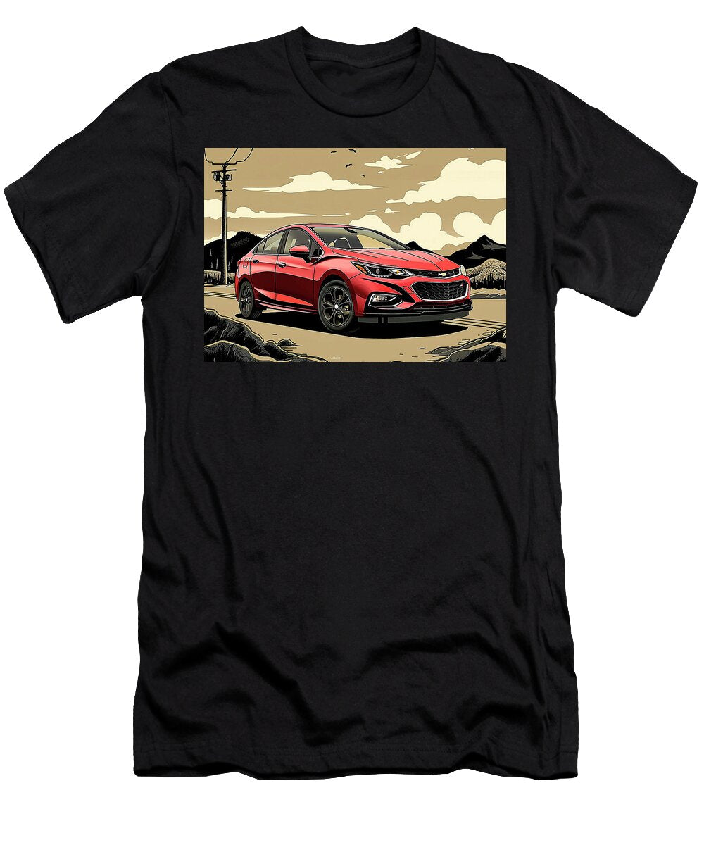 Red Sedan Chevrolet Cruze Hatchback Car Illustration with Mountain Road Background Destiney Sullivan T-Shirt