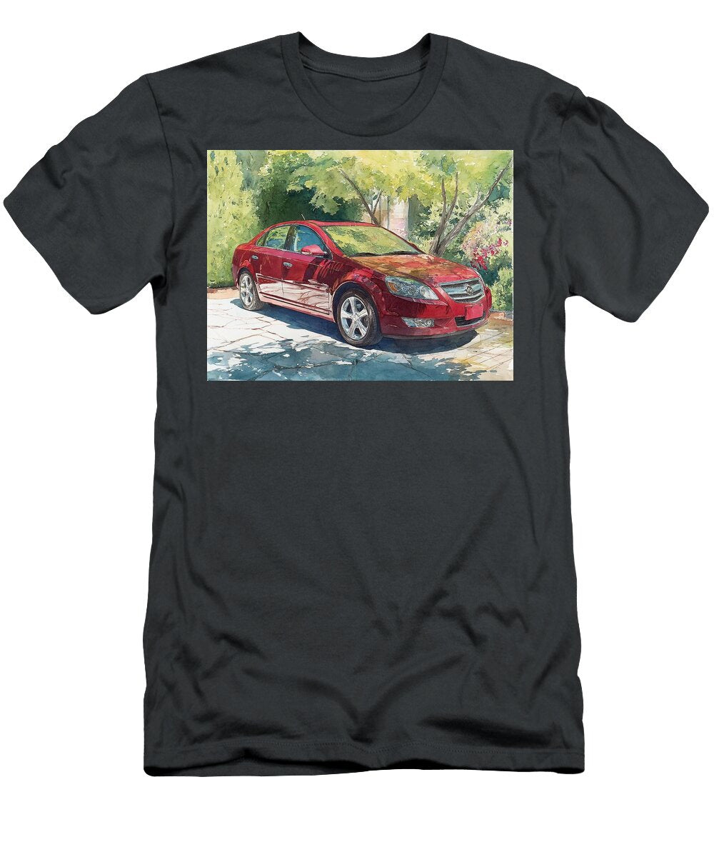 Red Sedan in Sunlit Driveway Saturn Aura 2007 Sedan Red Car Summer Scene Parked Red Car in Summer Hollie Love T-Shirt