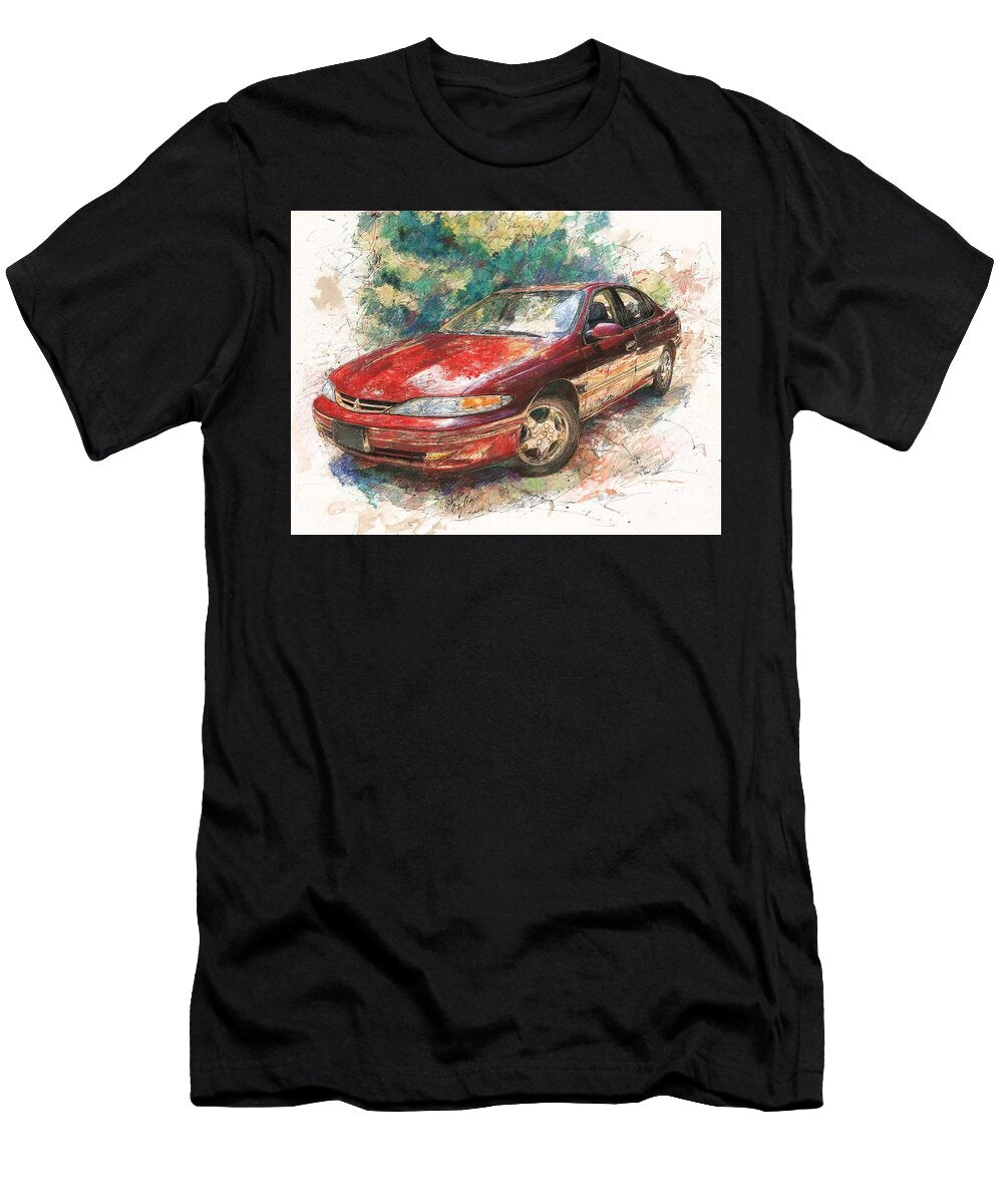 Red Sedan Surrounded By Nature Saturn Sl 2000 Sedan Artistic Car Vintage Car Vibrant Red Car Drawing Hollie Love T-Shirt