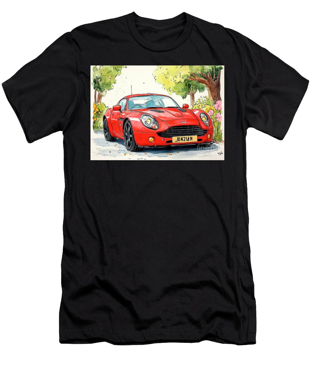 Red Sports Aston Martin Cygnet Car Watercolor Painting Front View Clark Leffler T-Shirt