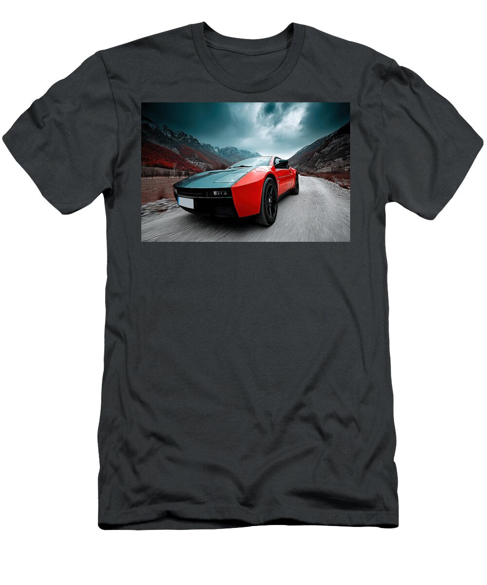 Red Sports Car in Mountain Landscape Evie Carrier T-Shirt