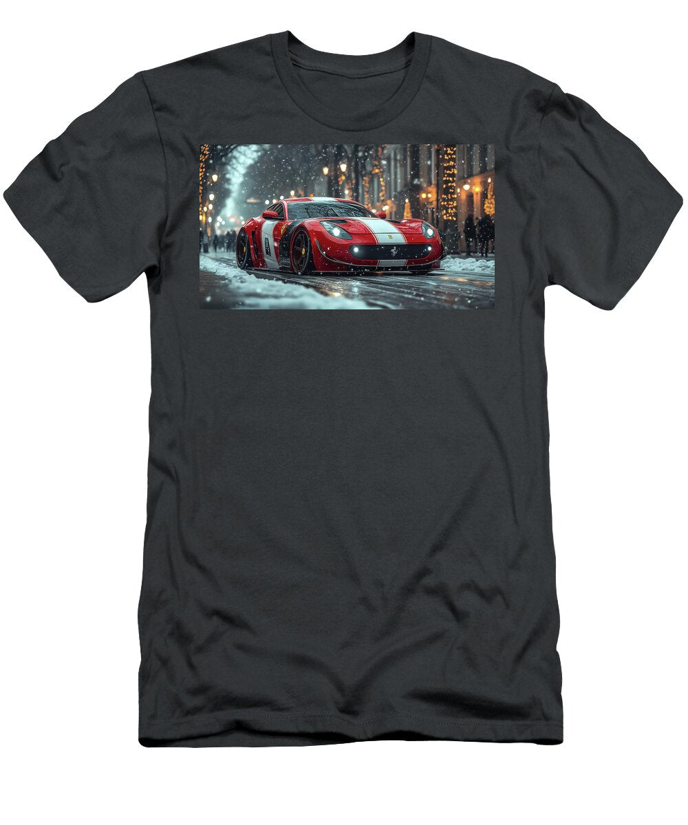 Red Sports Car in Snowy Street Evie Carrier T-Shirt