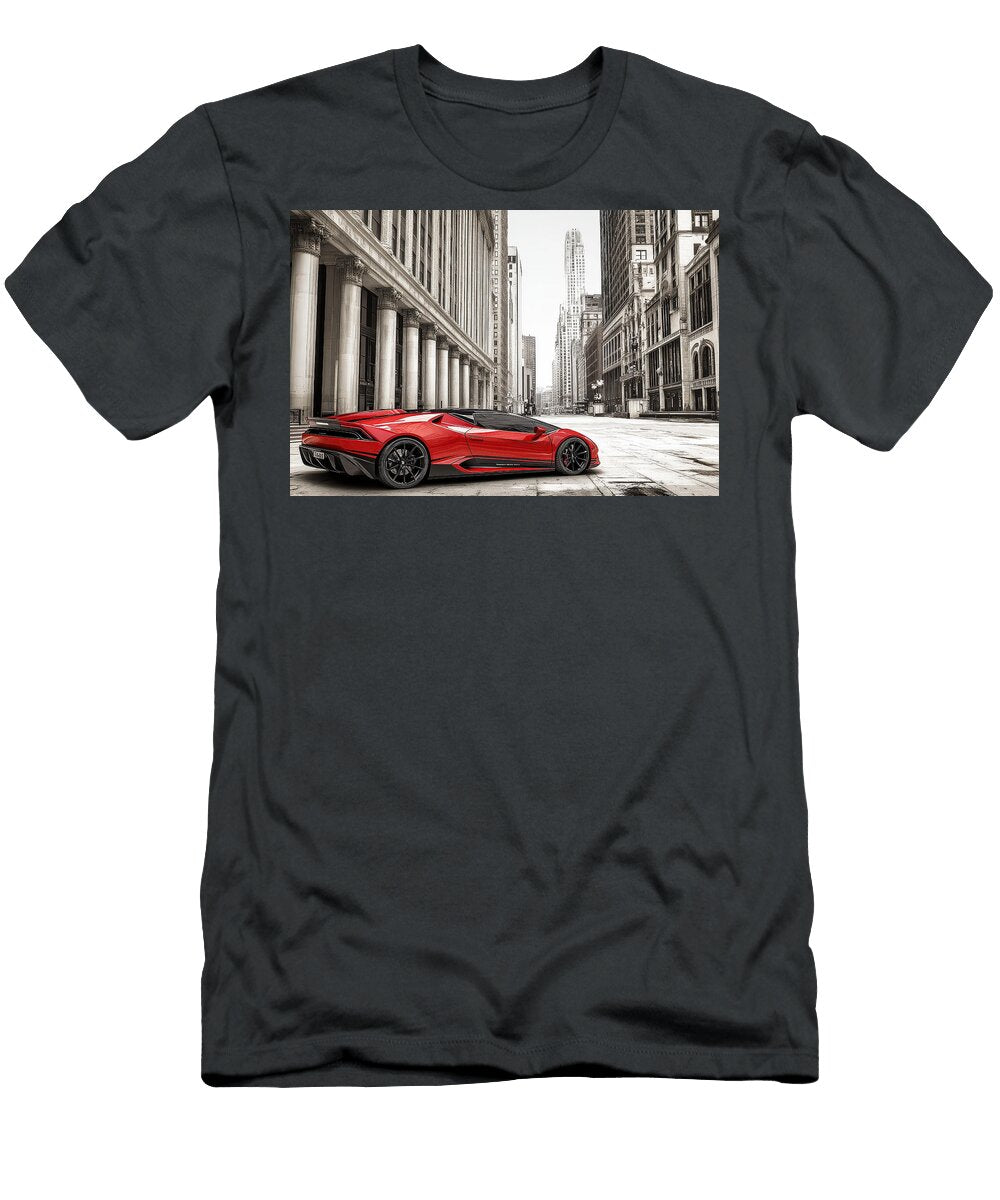 Red Sports Car in Urban Setting Evie Carrier T-Shirt