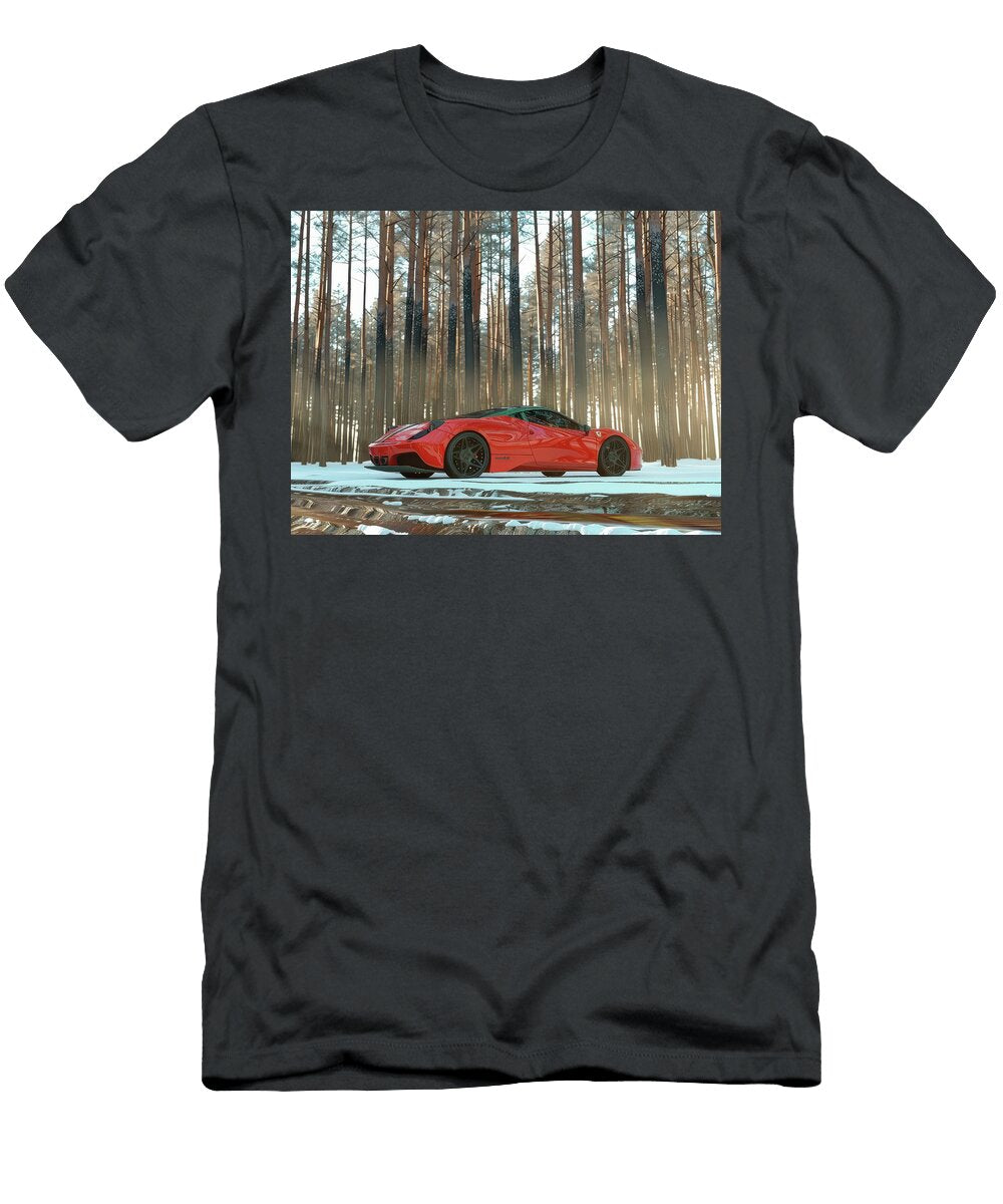 Red Sports Car in Winter Forest Evie Carrier T-Shirt