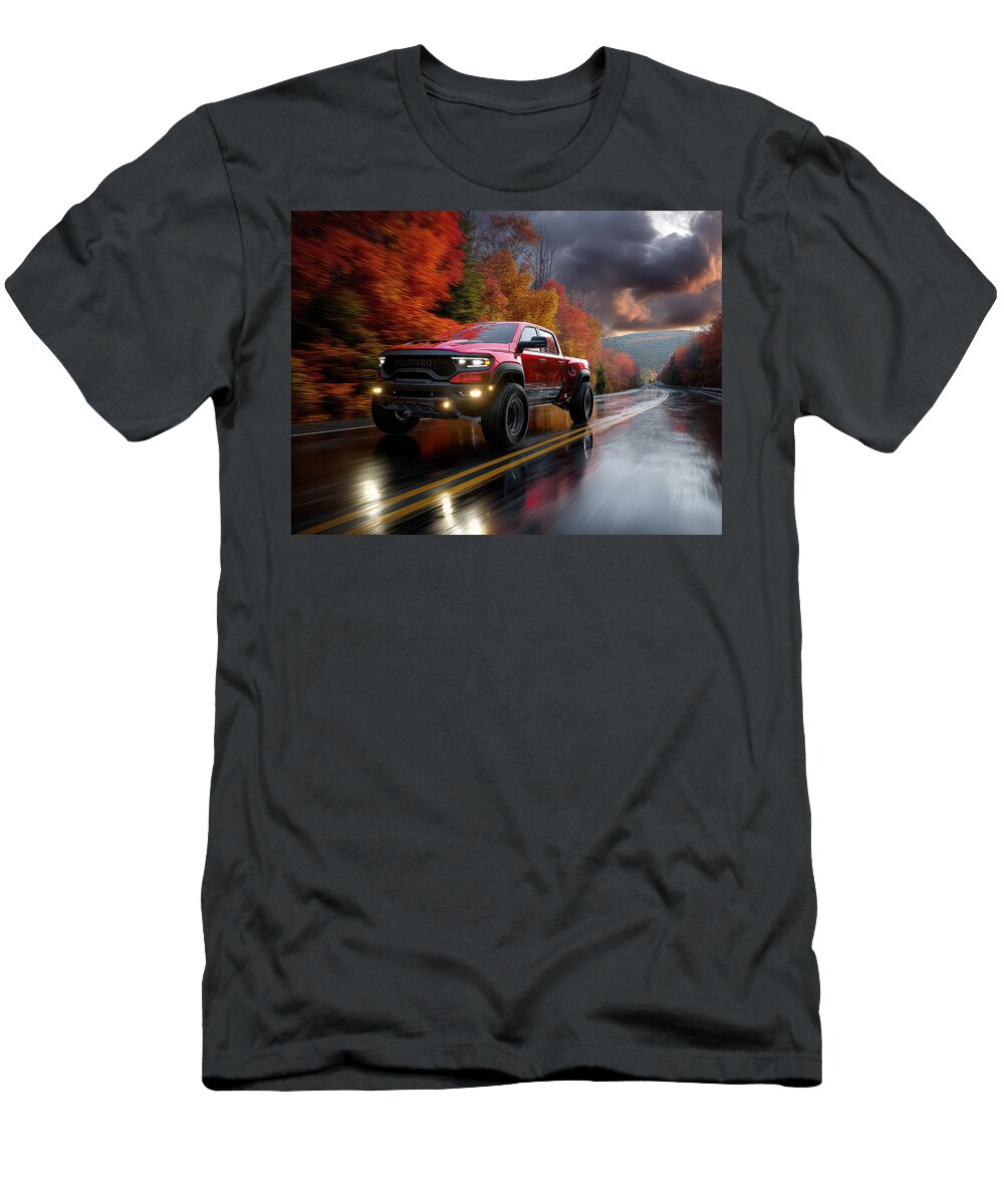 Red Truck on Scenic Autumn Road Evie Carrier T-Shirt