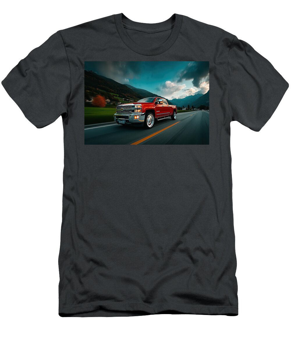 Red Truck on Scenic Mountain Road Evie Carrier T-Shirt