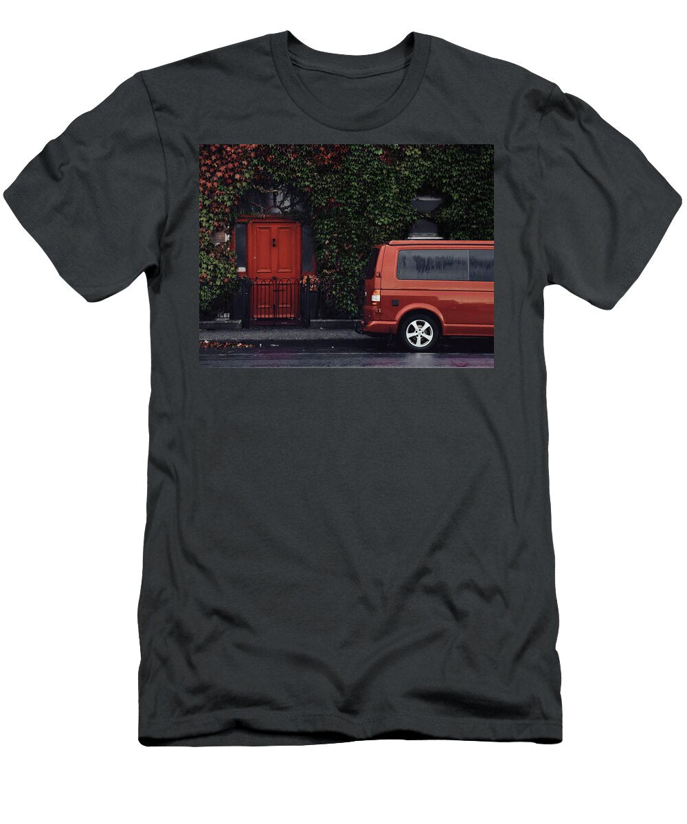 Red Volkswagen Transporter Minivan Parks in Front of a House with a Red Door Marek Prokes T-Shirt