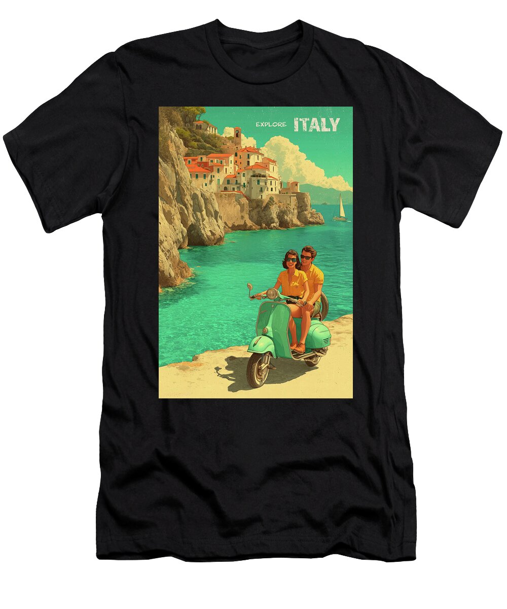 Retro Travel Poster Italy with Scooter By the Sea Thomas Klee T-Shirt