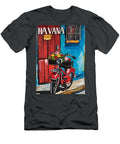 Ride Into Havana Color Vibrant Red Scooter with Blooming Basket Against Bold Urban Backdrop Olfactoart Studio T-Shirt
