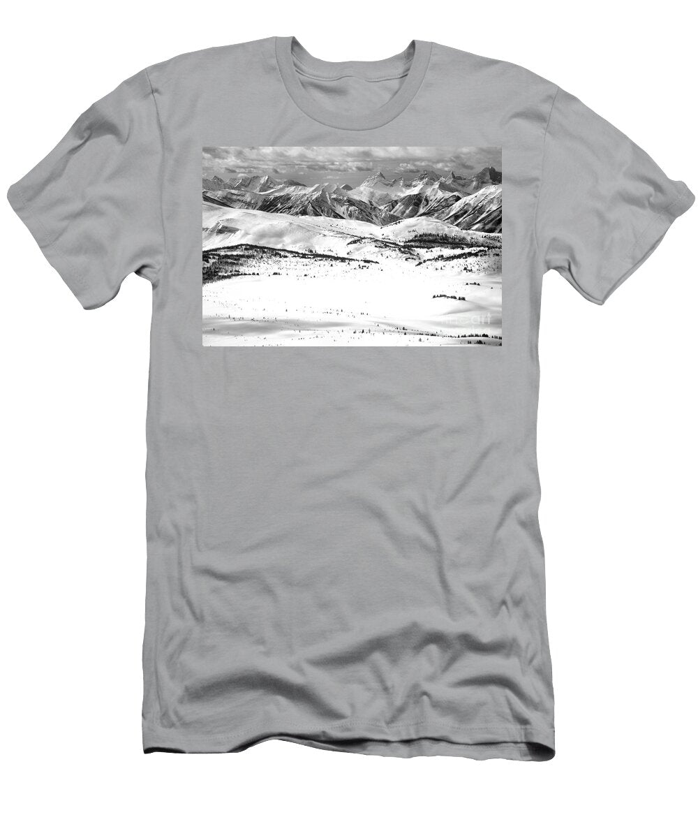 Rocky Mountain Peaks Towering Over the Slopes of Sunshne Black and White Adam Jewell T-Shirt