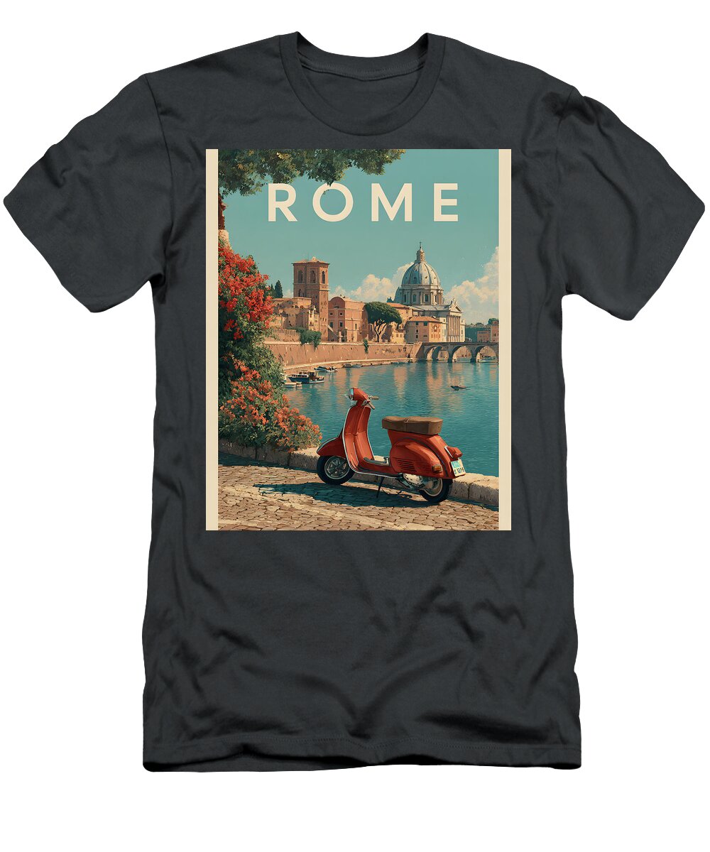 Rome Retro Travel Art Tiber River View with Vespa Dream Stuff T-Shirt