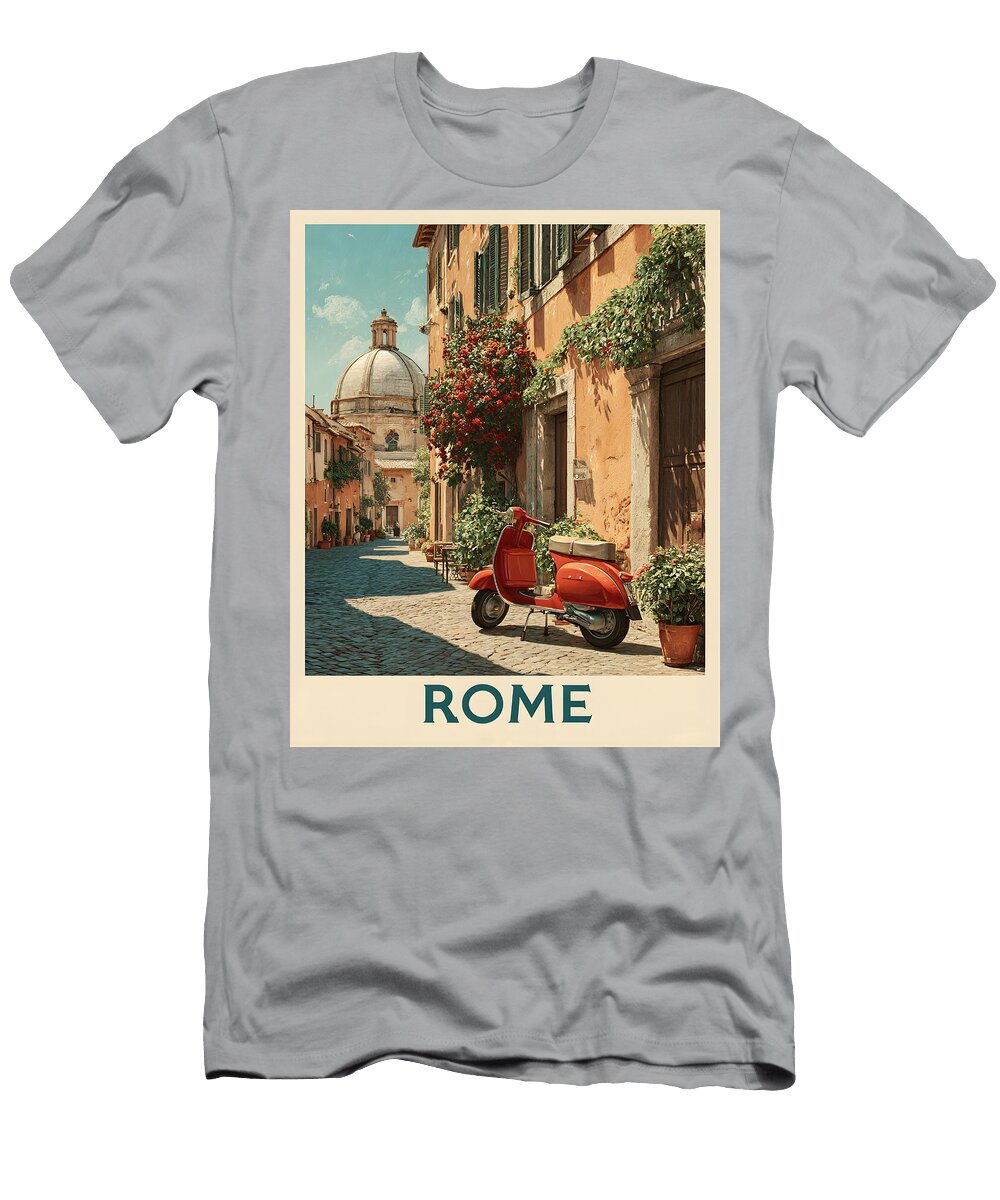 Rome Retro Travel Art with Vintage Scooter and Dome View Dream Stuff T-Shirt