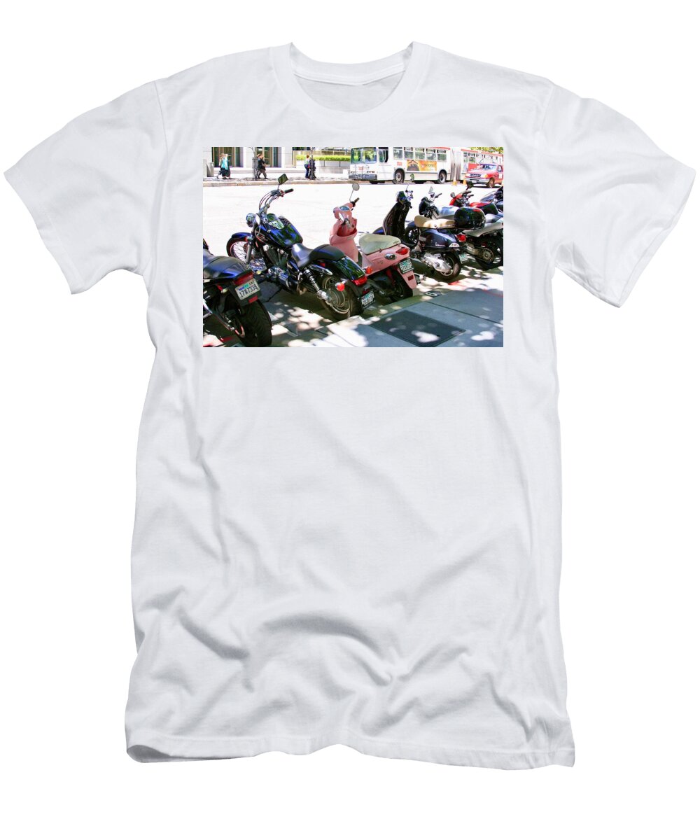 Row of Colorful Motorbikes Parked Masha Batkova T-Shirt