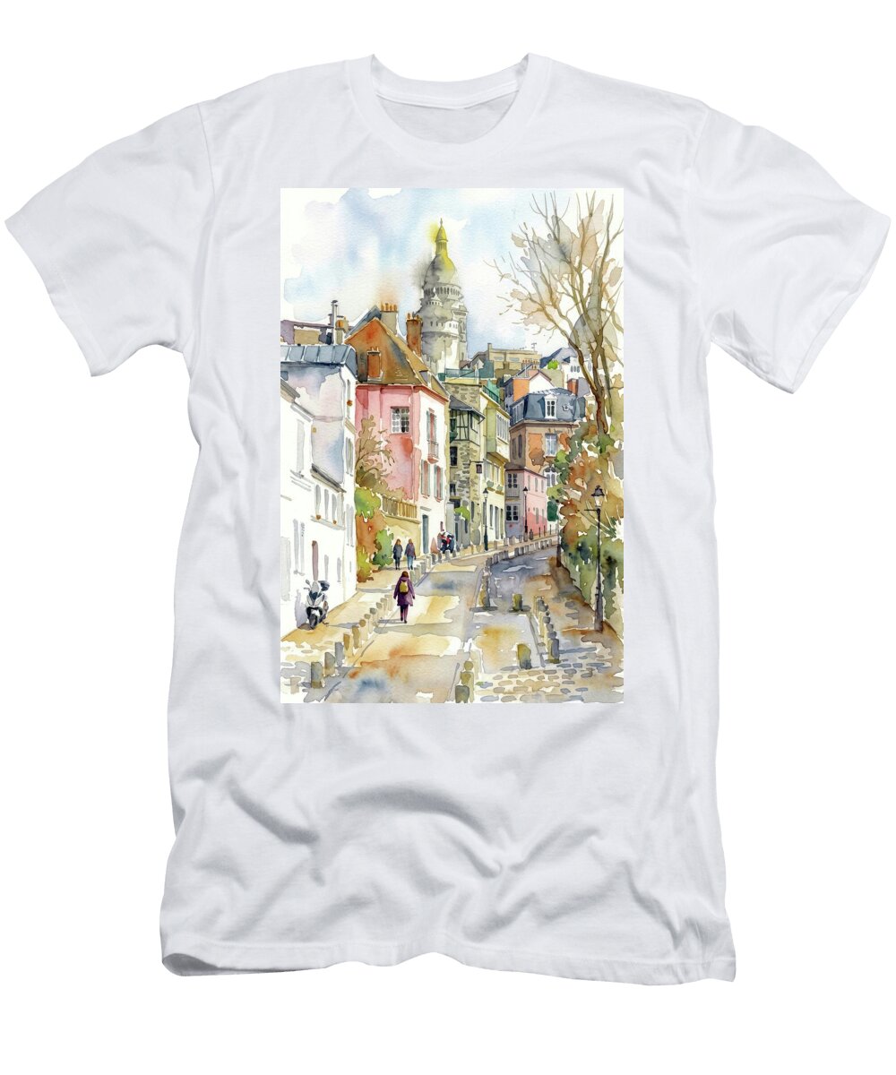 Rue De Labreuvoir in Montmartre with Sacre Coeur Basilica Watercolor Scene Marian Voicu T-Shirt