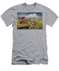 Rusted Vintage Automobile in a Rural Landscape Behind Old Wooden Log Fence Randall Nyhof T-Shirt
