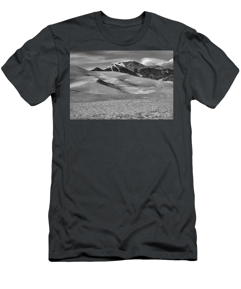 Sangre De Cristo Mountains Over the Dunes Black and White Adam Jewell T-Shirt